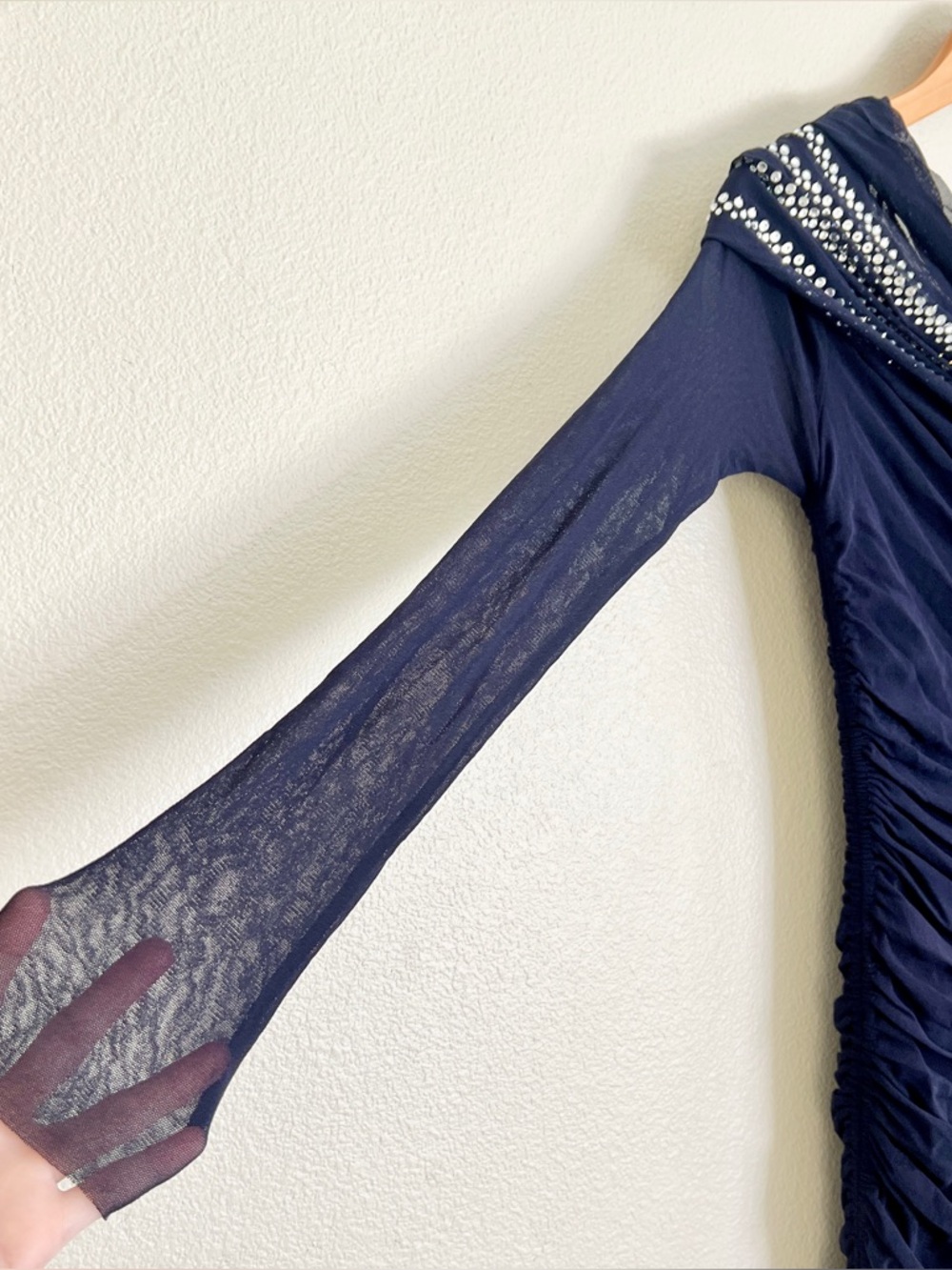JEAN PAUL GAULTIER Crystal Embellished Mesh Off Shoulder Ruched Dress in Navy - Picture 11 of 13